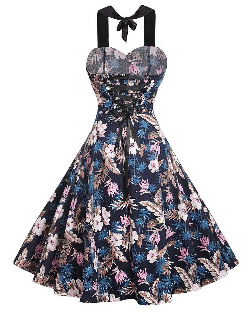 SZ60092-3 Womens 1950s Halter Floral Vintage Retro Cocktail Party Swing Dress